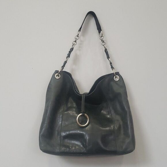 Franco Sarto Purse Hobo Distressed Leather Black Silver Link Hardware Tote - Picture 1 of 10